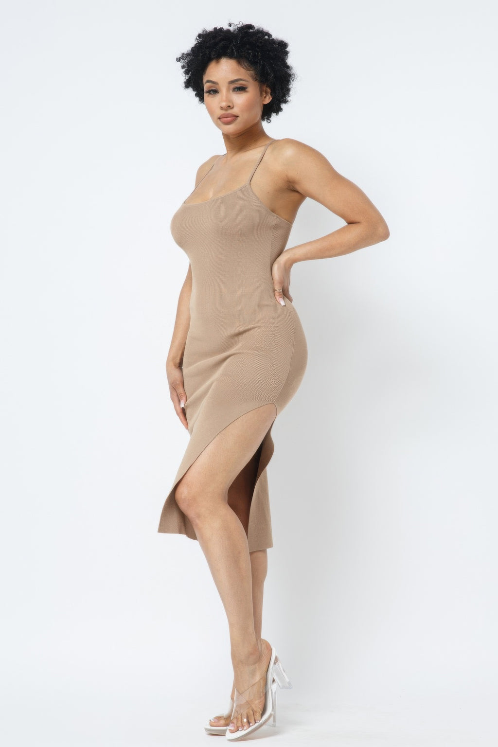 Casual Chic Rib Knit Front Slit Cami Midi Dress