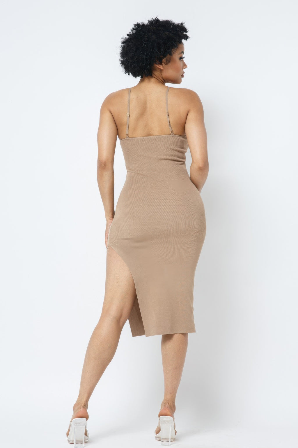 Casual Chic Rib Knit Front Slit Cami Midi Dress
