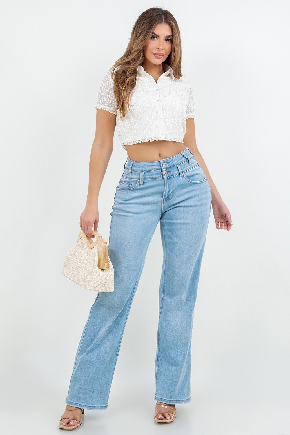 Adriana Light Wash Double Waistband High Rise Straight Leg Jeans