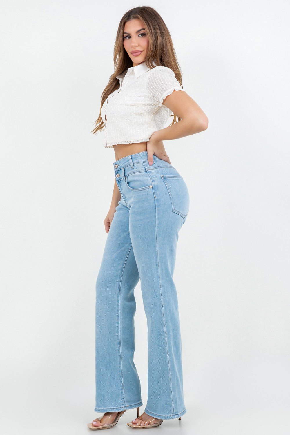 Adriana Light Wash Double Waistband High Rise Straight Leg Jeans