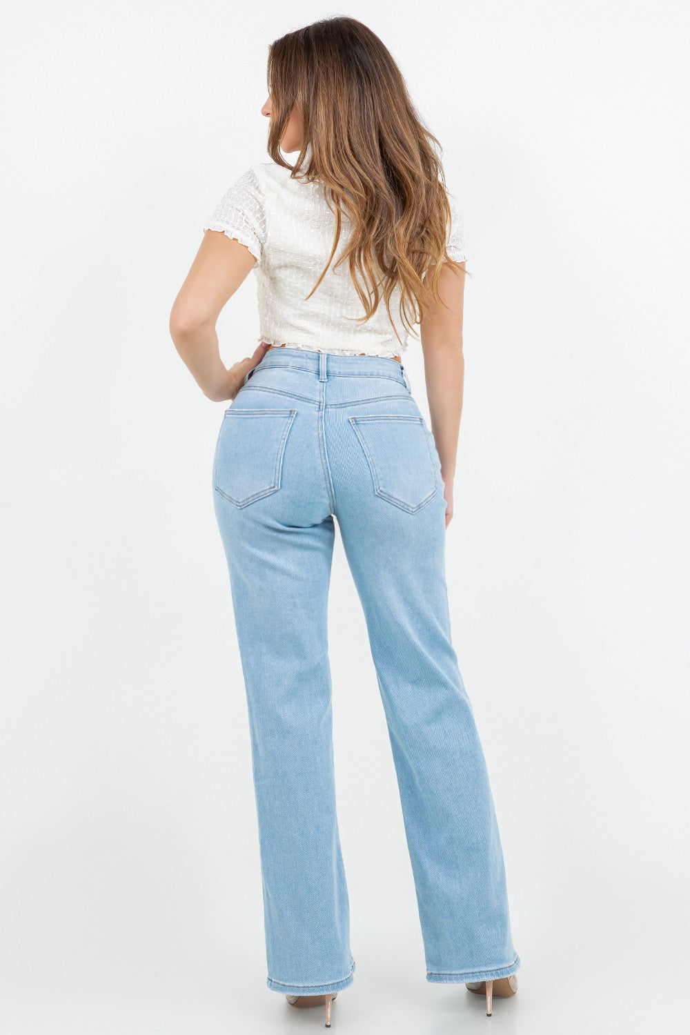 Adriana Light Wash Double Waistband High Rise Straight Leg Jeans