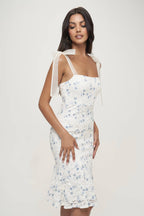 Enaya Square Neck Floral Lace Print Mesh Midi Dress