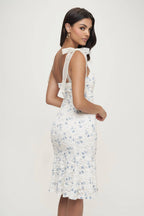Enaya Square Neck Floral Lace Print Mesh Midi Dress
