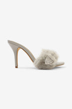 Luna Glam Faux Fur Buckle Detail Slip On High Heel Mules