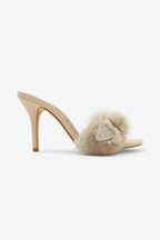 Luna Glam Faux Fur Buckle Detail Slip On High Heel Mules