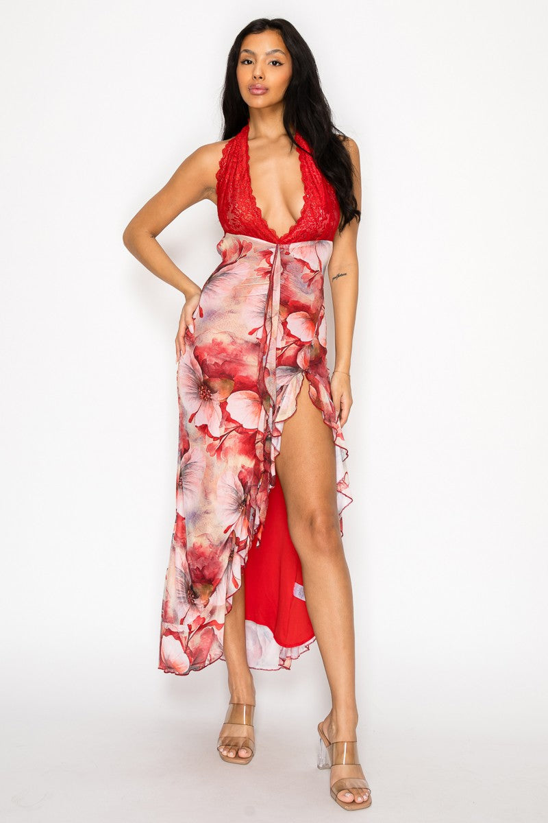 Jovania Lace Halter Neck Open Back Ruffle Hem Midi Dress