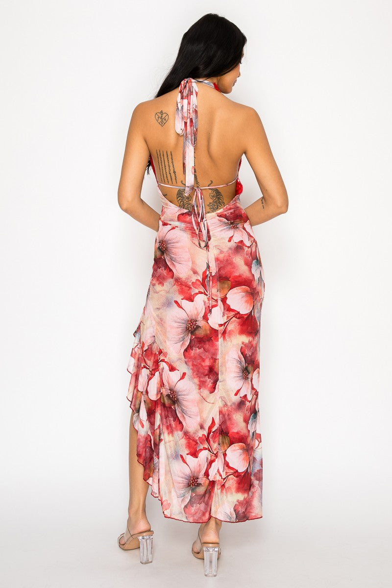 Jovania Lace Halter Neck Open Back Ruffle Hem Midi Dress