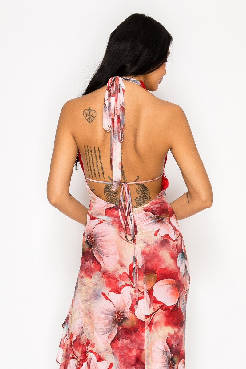 Jovania Lace Halter Neck Open Back Ruffle Hem Midi Dress