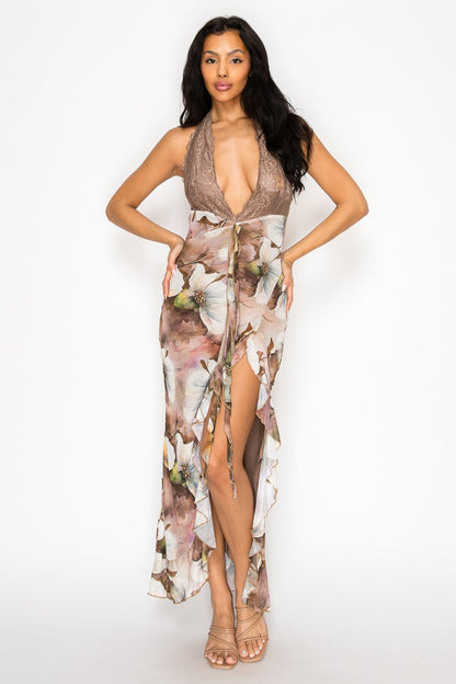 Jovania Lace Halter Neck Open Back Ruffle Hem Midi Dress