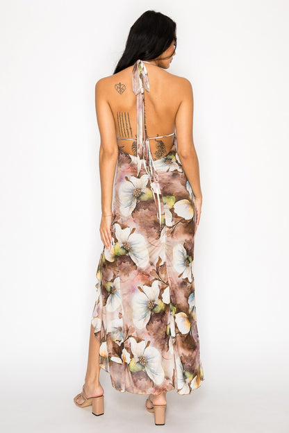 Jovania Lace Halter Neck Open Back Ruffle Hem Midi Dress