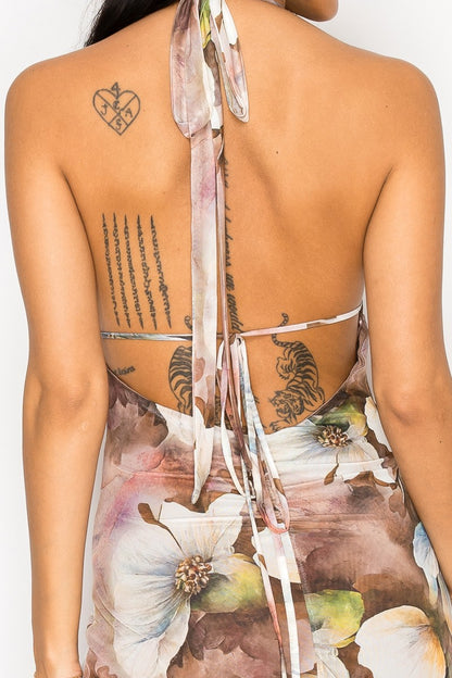Jovania Lace Halter Neck Open Back Ruffle Hem Midi Dress