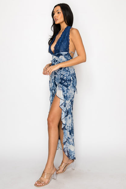 Jovania Lace Halter Neck Open Back Ruffle Hem Midi Dress