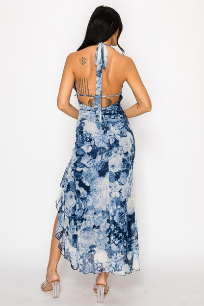 Jovania Lace Halter Neck Open Back Ruffle Hem Midi Dress