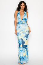 Aurora Deep V Cowl Halter Neck Open Back Floral Mesh Maxi Dress