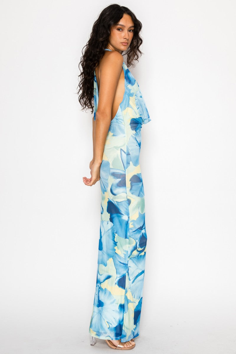 Aurora Deep V Cowl Halter Neck Open Back Floral Mesh Maxi Dress