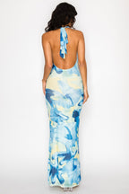 Aurora Deep V Cowl Halter Neck Open Back Floral Mesh Maxi Dress
