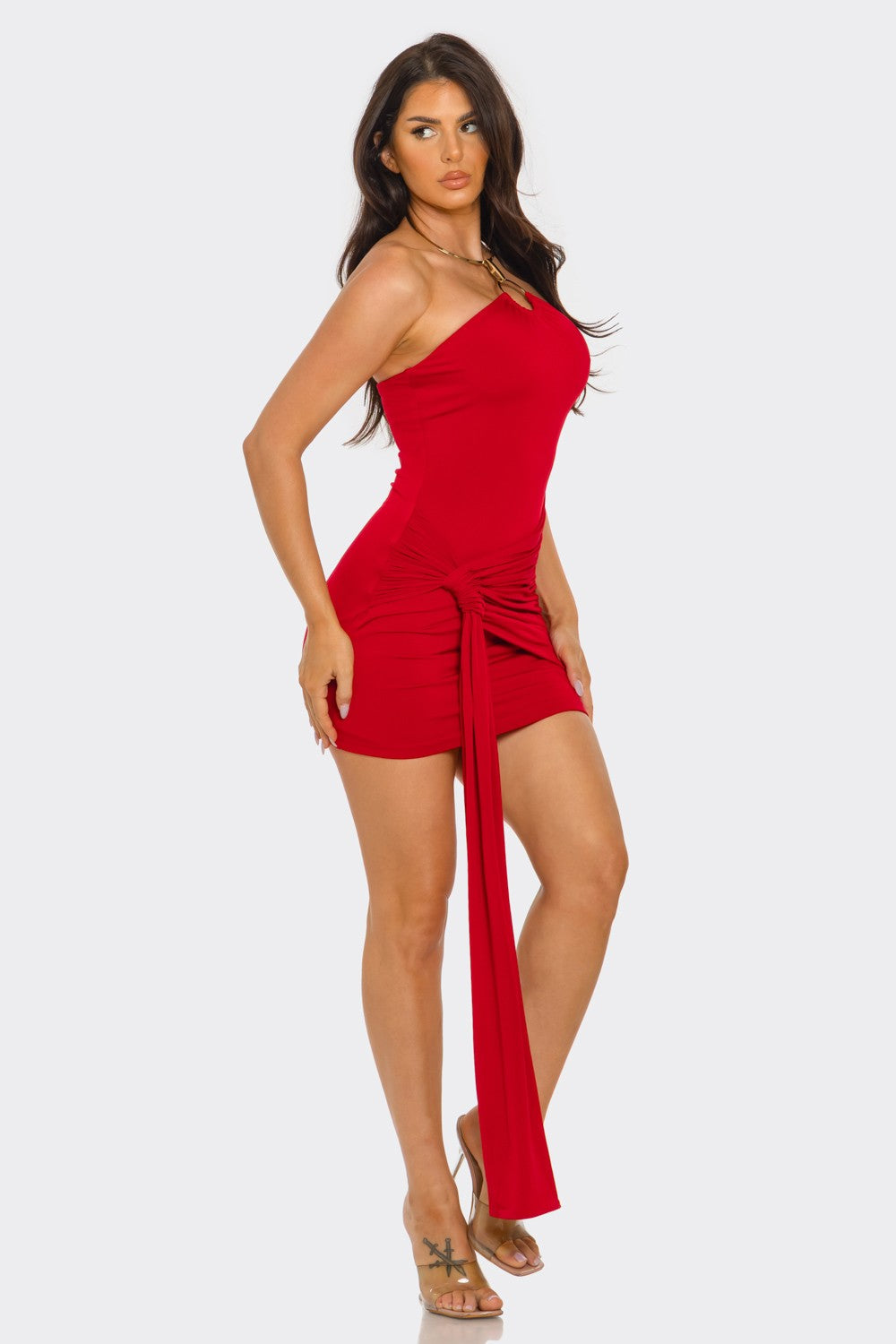 Dolores Gold O Ring Front Wrap Halter Neck Mini Dress