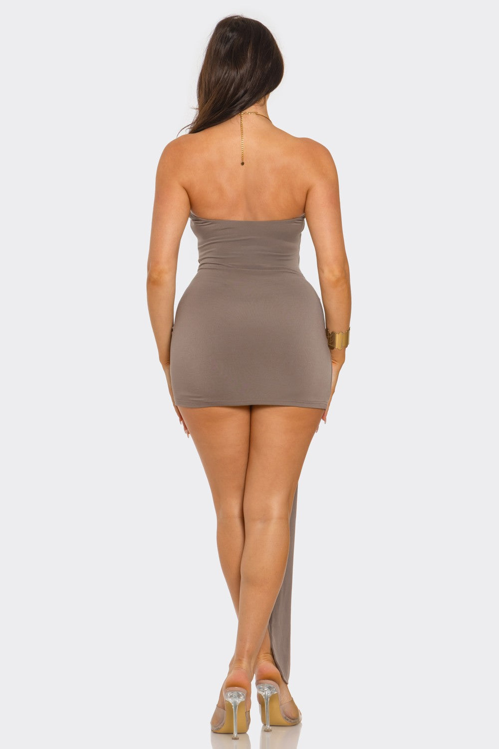 Dolores Gold O Ring Front Wrap Halter Neck Mini Dress