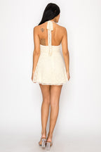 Venus Ruffle Lace Trim Deep V Halter Neck Mini Dress