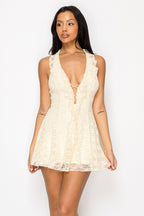 Venus Ruffle Lace Trim Deep V Halter Neck Mini Dress
