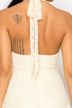 Venus Ruffle Lace Trim Deep V Halter Neck Mini Dress