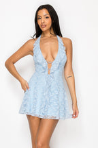 Venus Ruffle Lace Trim Deep V Halter Neck Mini Dress