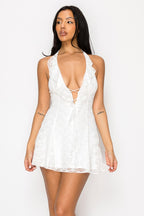 Venus Ruffle Lace Trim Deep V Halter Neck Mini Dress