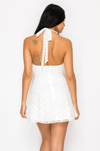 Venus Ruffle Lace Trim Deep V Halter Neck Mini Dress