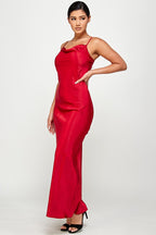 Macie Cami Strap Cowl Neck Satin Slip Bias Cut Maxi Dress