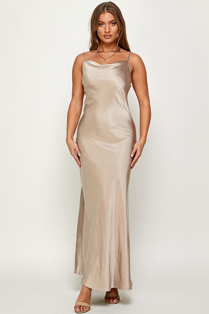 Macie Cami Strap Cowl Neck Satin Slip Bias Cut Maxi Dress
