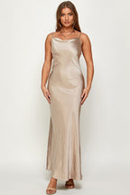 Macie Cami Strap Cowl Neck Satin Slip Bias Cut Maxi Dress