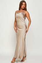 Macie Cami Strap Cowl Neck Satin Slip Bias Cut Maxi Dress