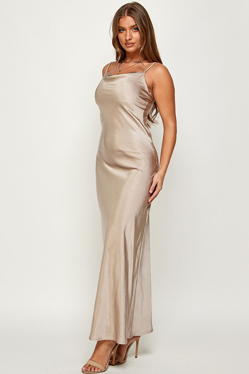 Macie Cami Strap Cowl Neck Satin Slip Bias Cut Maxi Dress