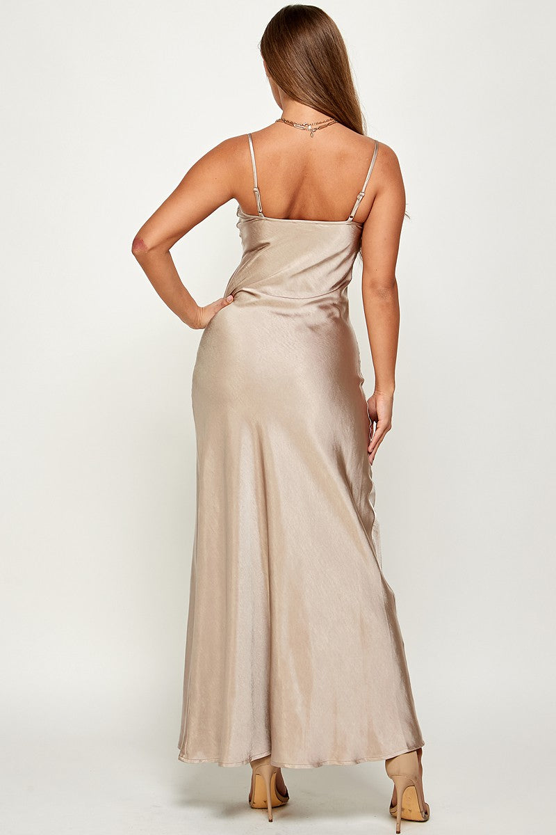 Macie Cami Strap Cowl Neck Satin Slip Bias Cut Maxi Dress