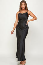 Macie Cami Strap Cowl Neck Satin Slip Bias Cut Maxi Dress