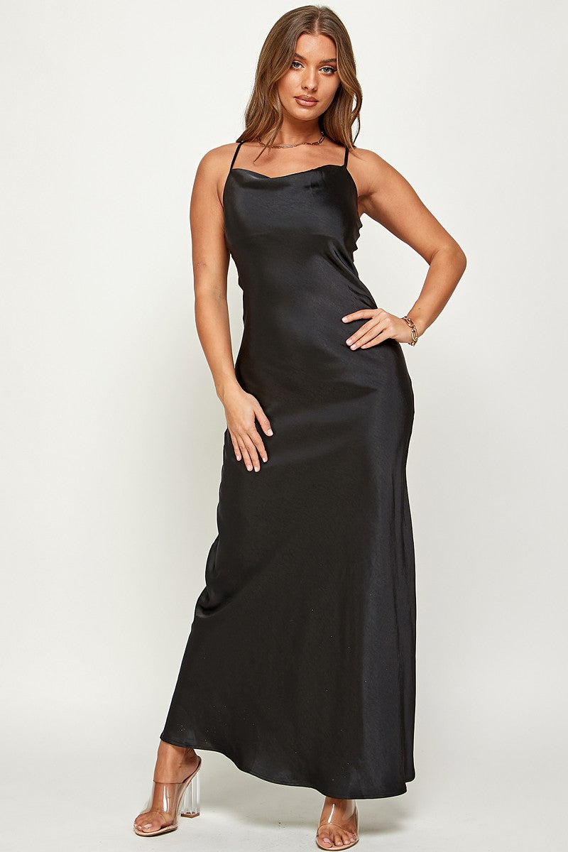 Macie Cami Strap Cowl Neck Satin Slip Bias Cut Maxi Dress