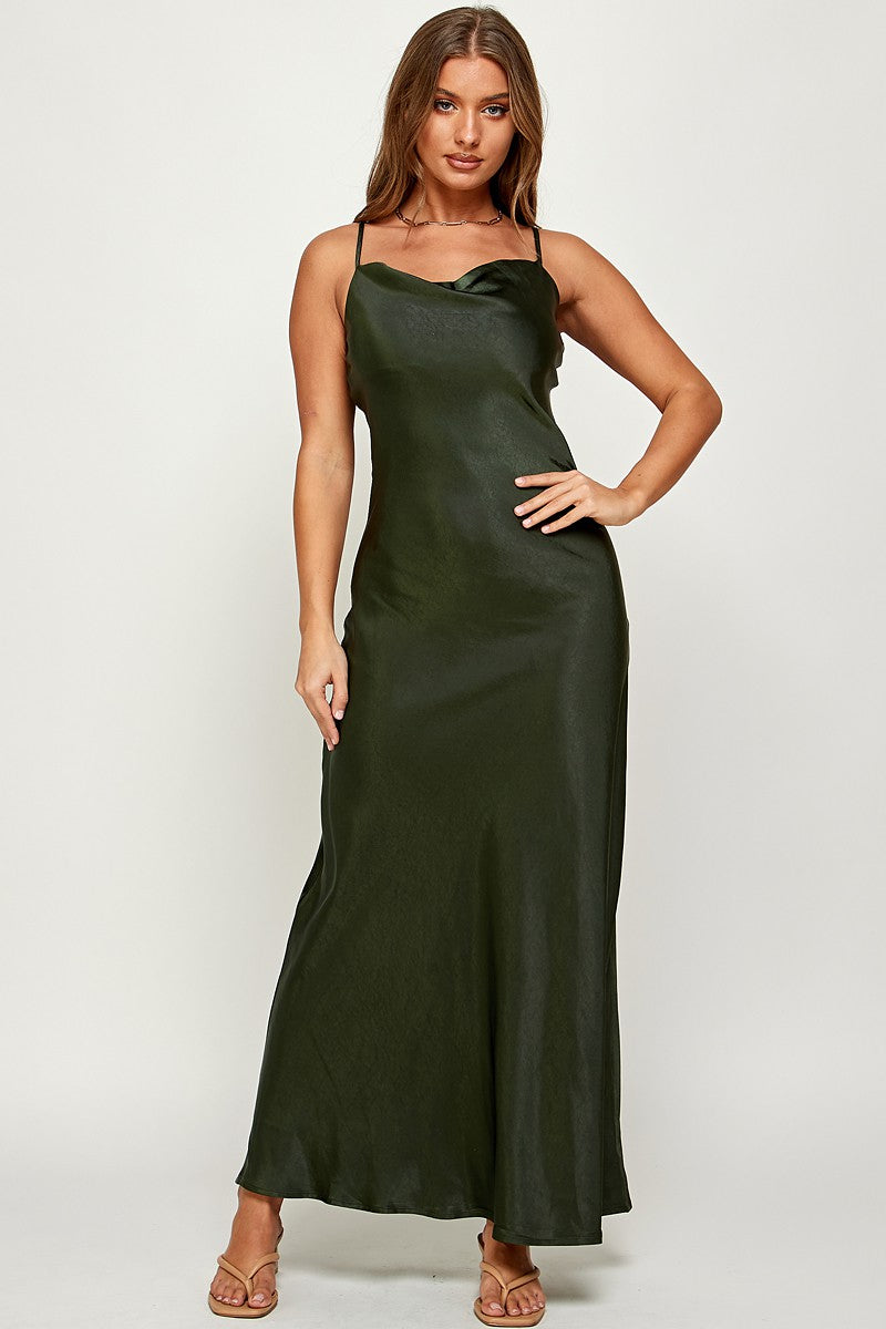 Macie Cami Strap Cowl Neck Satin Slip Bias Cut Maxi Dress