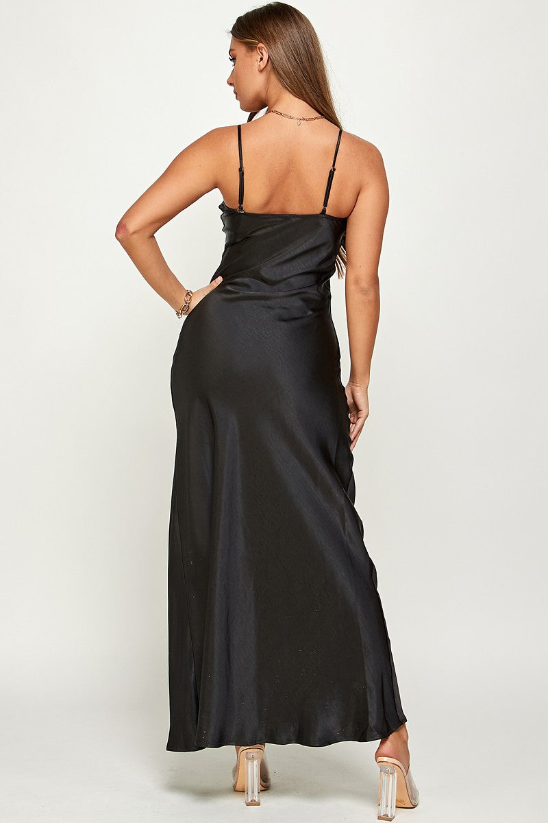 Macie Cami Strap Cowl Neck Satin Slip Bias Cut Maxi Dress