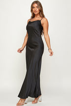 Macie Cami Strap Cowl Neck Satin Slip Bias Cut Maxi Dress