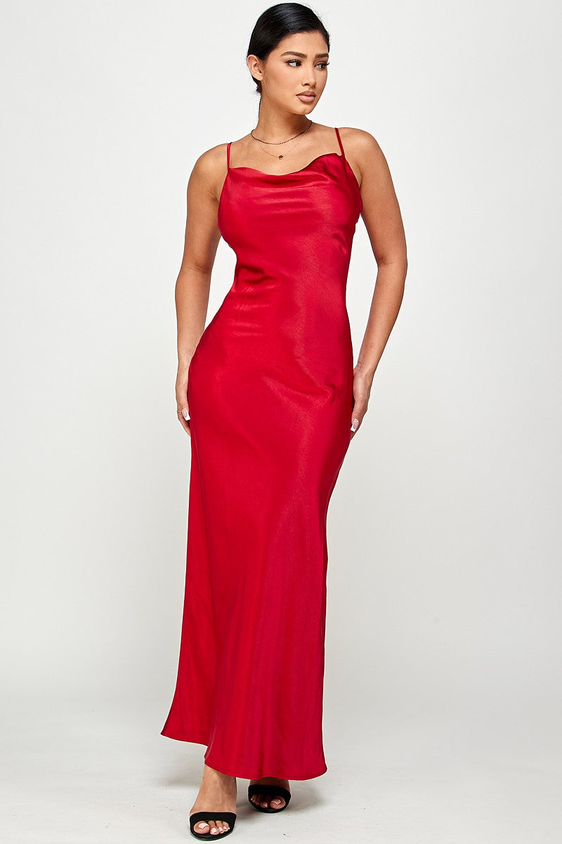 Macie Cami Strap Cowl Neck Satin Slip Bias Cut Maxi Dress