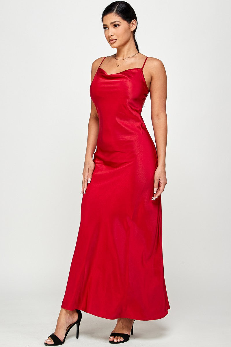 Macie Cami Strap Cowl Neck Satin Slip Bias Cut Maxi Dress