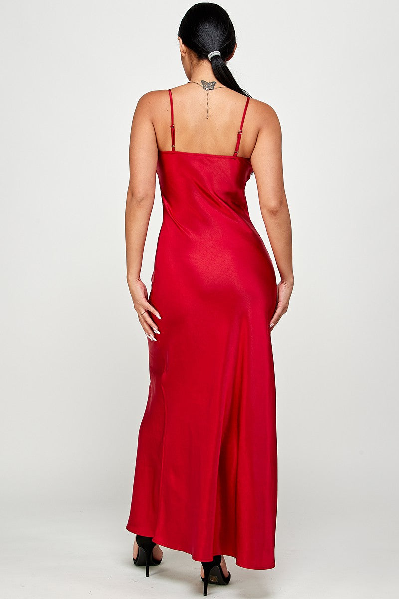 Macie Cami Strap Cowl Neck Satin Slip Bias Cut Maxi Dress