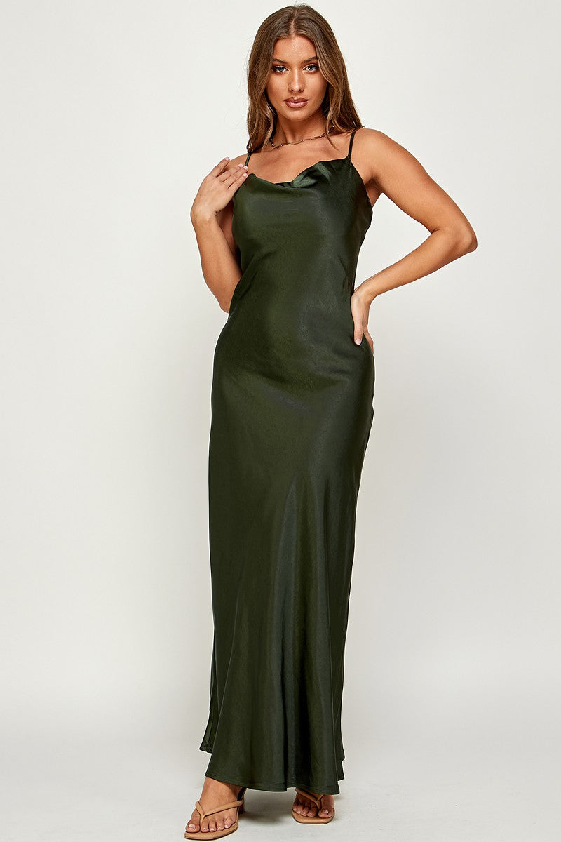 Macie Cami Strap Cowl Neck Satin Slip Bias Cut Maxi Dress