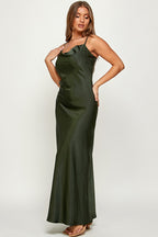 Macie Cami Strap Cowl Neck Satin Slip Bias Cut Maxi Dress