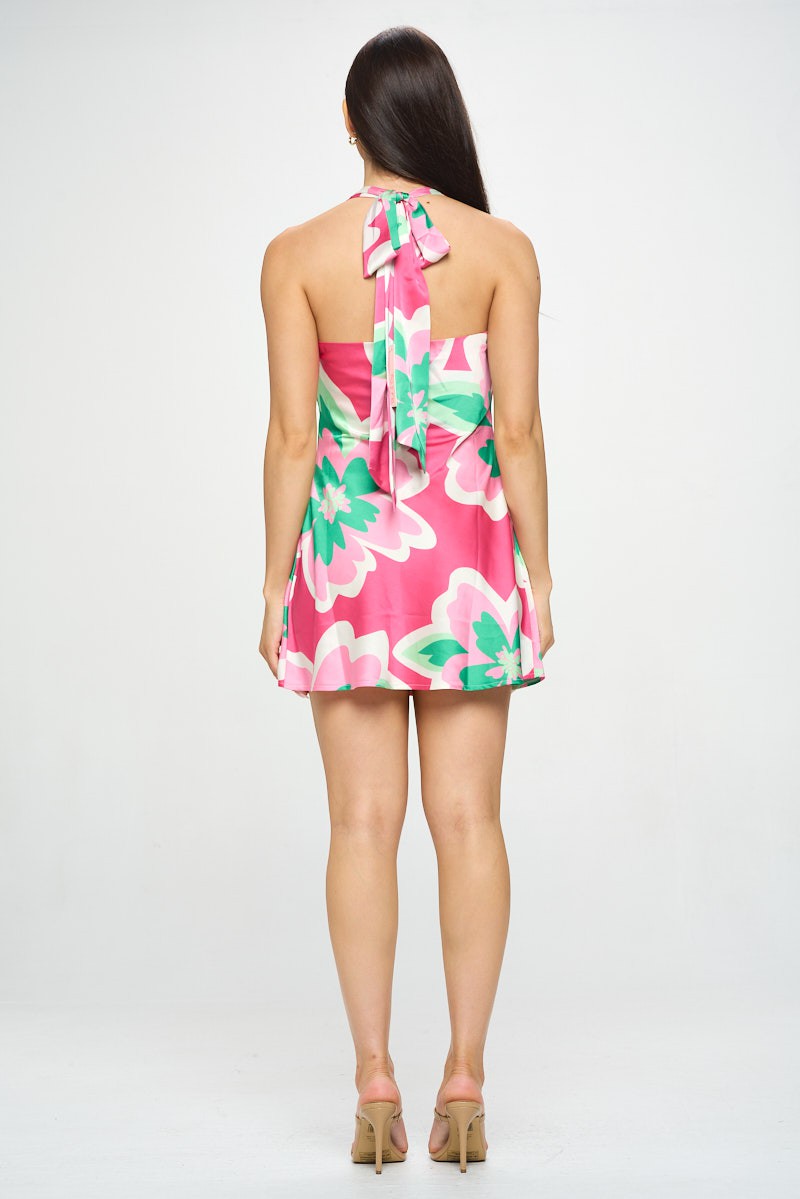 Crystal Bold Floral Print Cowl Neck Satin Mini Dress