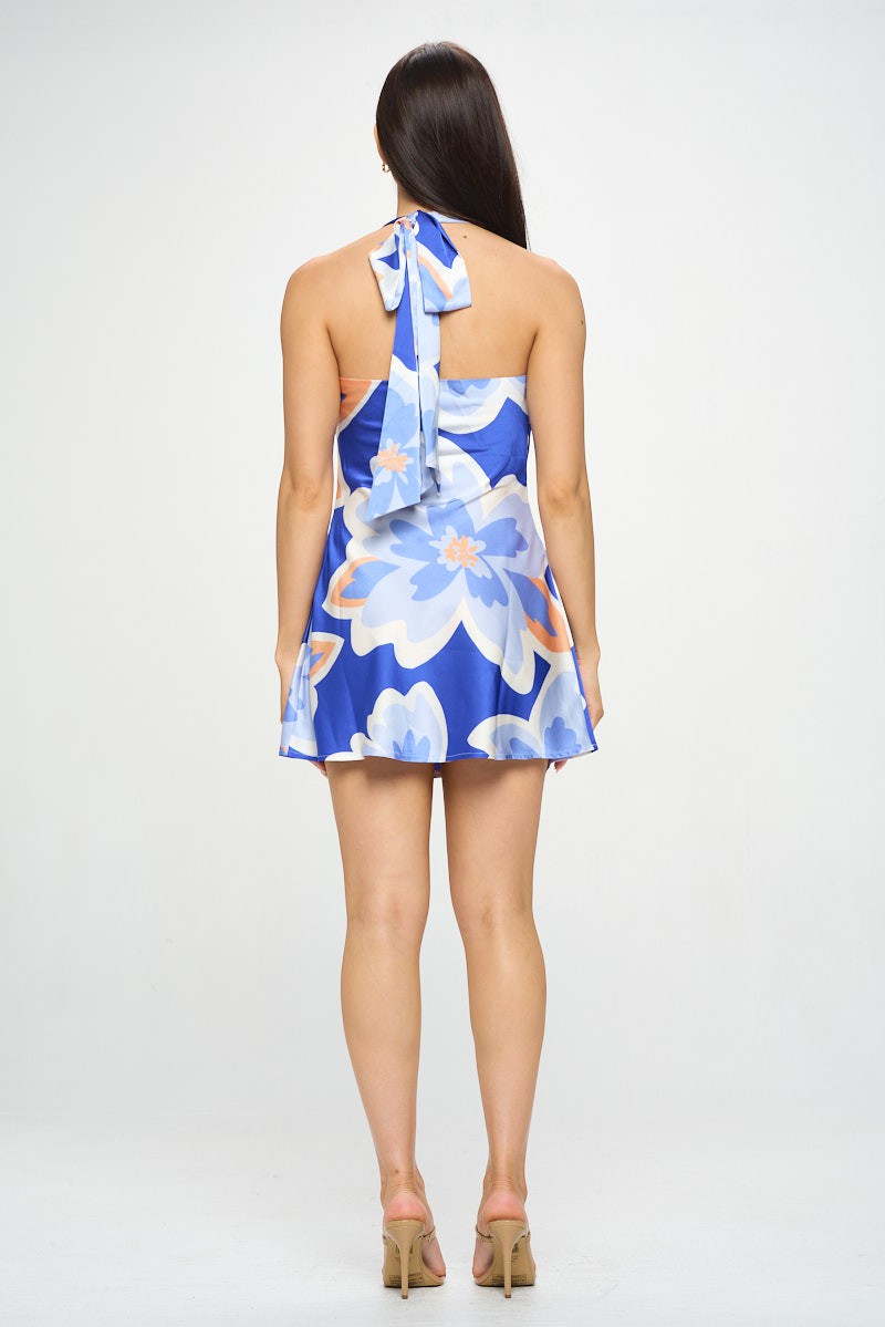 Crystal Bold Floral Print Cowl Neck Satin Mini Dress
