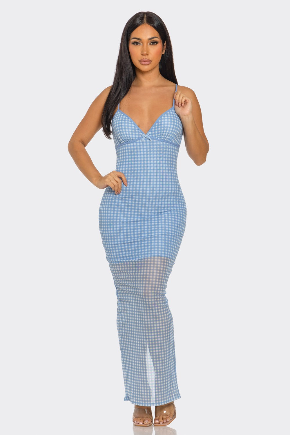 Melissa Bow Detail Plaid Mesh Cami Maxi Dress