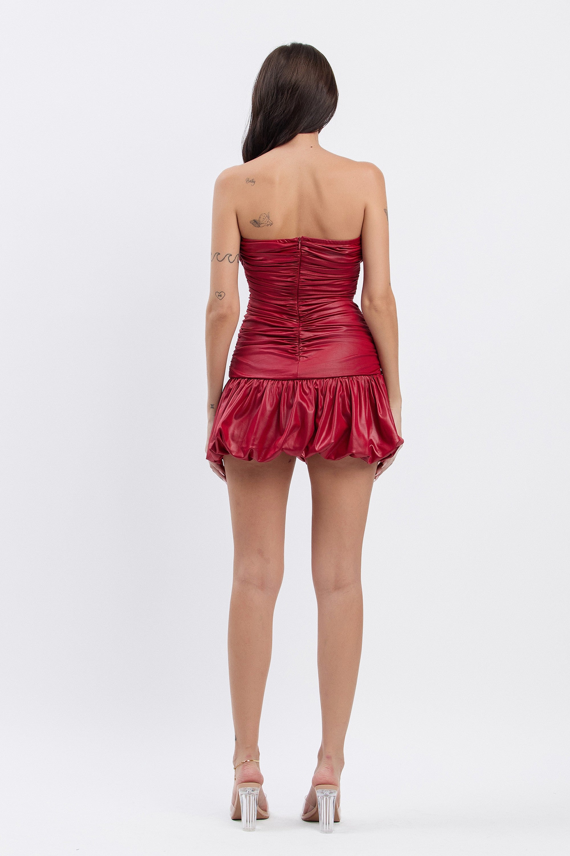 Nikita Sweetheart Neck Stretch PU Ruched Bubble Hem Mini Dress