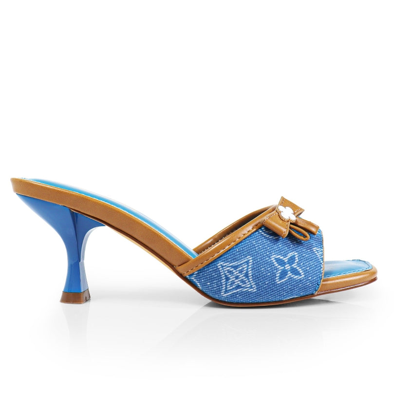 Remy Clover Print Denim Round Toe Kitten Heel Mules