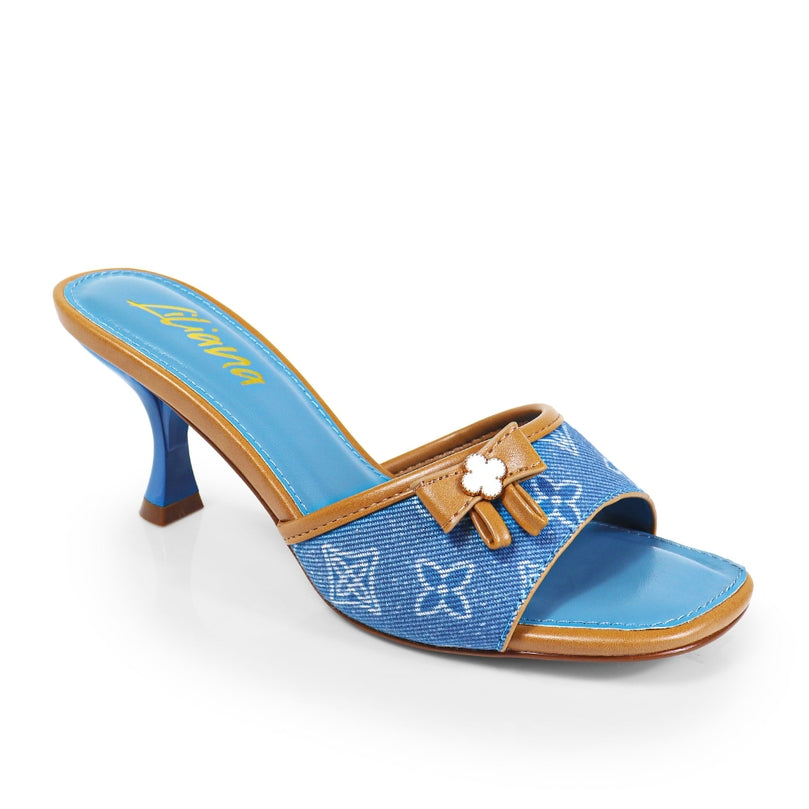 Remy Clover Print Denim Round Toe Kitten Heel Mules
